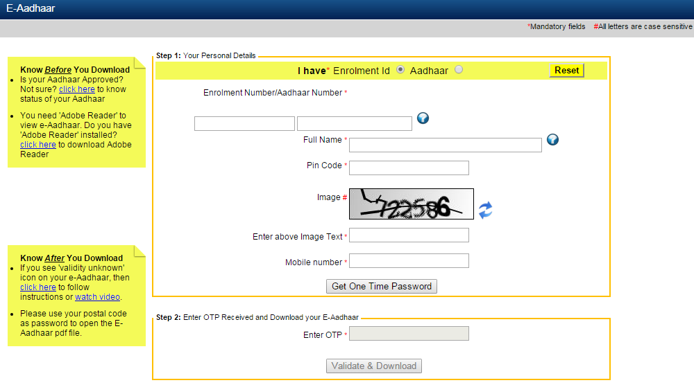 AADHAR Card Download Online by Enrollment No